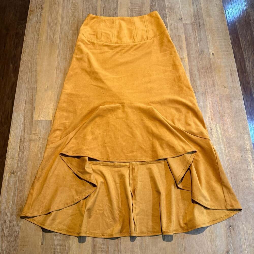 Maeve Anthropologie Cosima Flounced Faux Suede Mustard Yellow Skirt Size 00